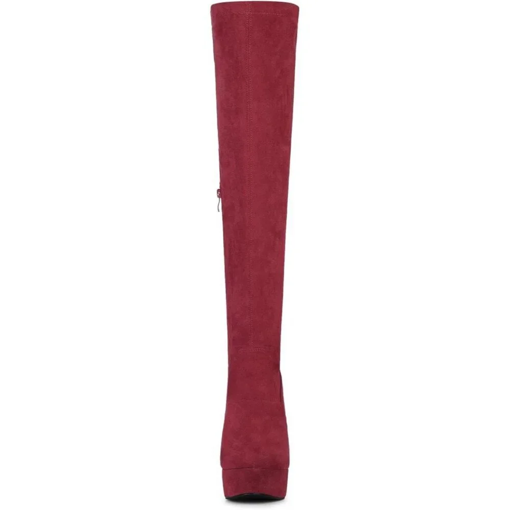 Women Burgundy Suede Chunky Heel Rounded Toe Over the Knee Thigh High Long Boots